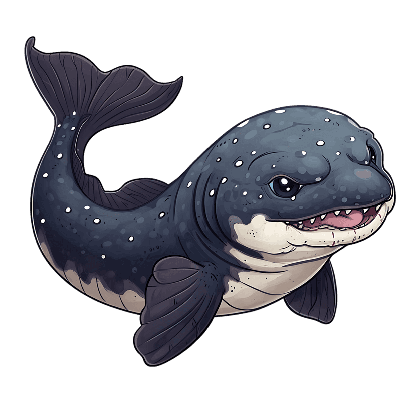 Cartoon whale with white spots and sharp teeth swims against a black background in this character illustration.