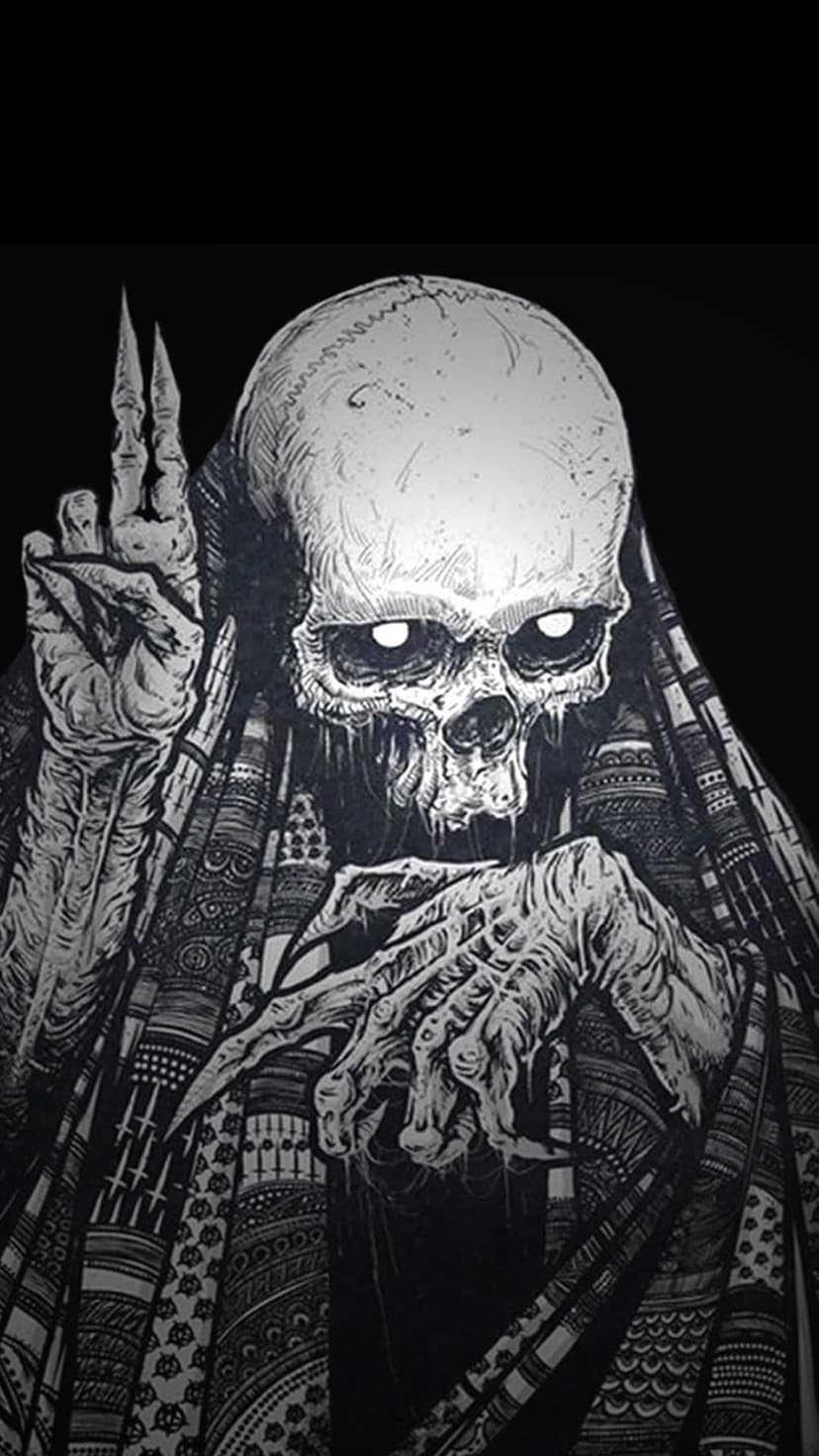 Skeletal reaper with glowing eyes and an intricate patterned hood against a dark background with bony hands.
