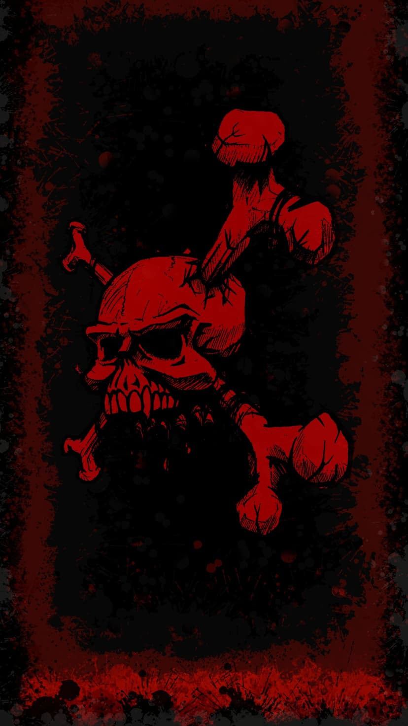 Red skull with sharp teeth and hollow eyes over crossed bones against a black background with crimson splatters.