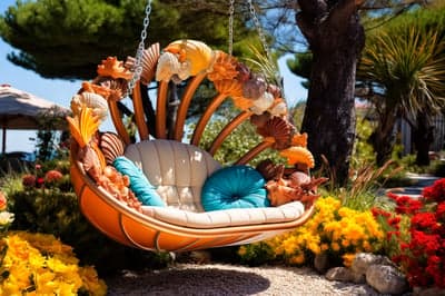 Ocean-Themed Seashell Hanging Chair in Vibrant Garden