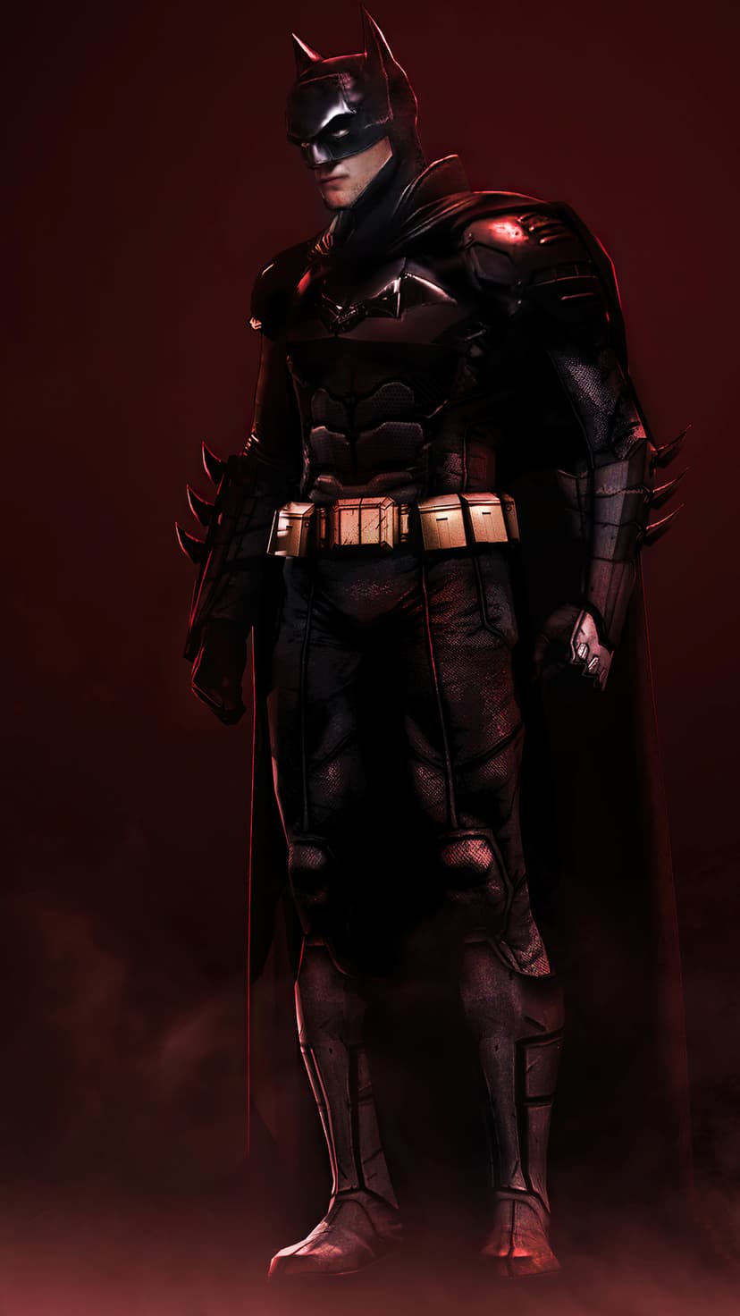 Batman wearing a black armored suit and scalloped cape stands before a high-contrast crimson textured background.