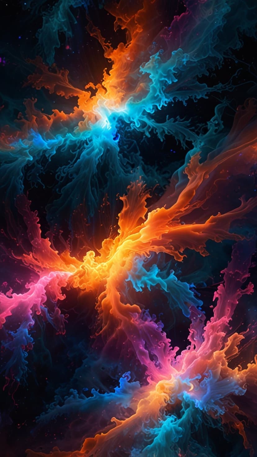 Swirling clouds of orange and blue gas glow in deep space surrounded by thousands of tiny white twinkling stars.