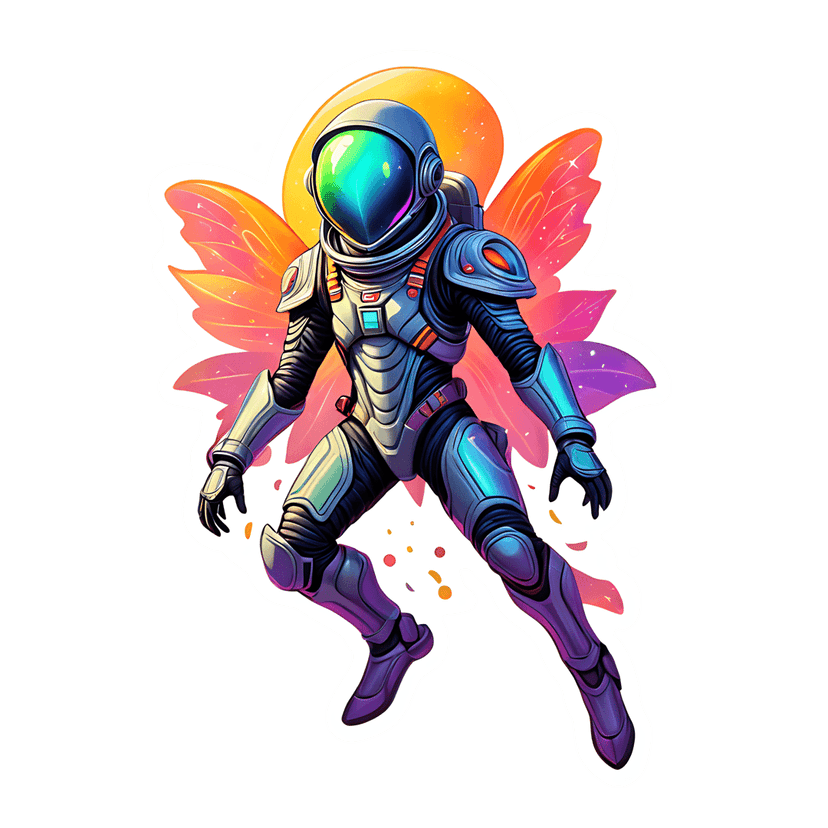 Astronaut sticker with rainbow wings and iridescent visor floating against a yellow halo and cosmic particles.