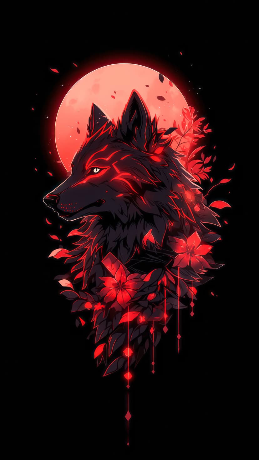 Red-eyed wolf with glowing fur stands amidst dark foliage and flowers under a massive crimson lunar orb.