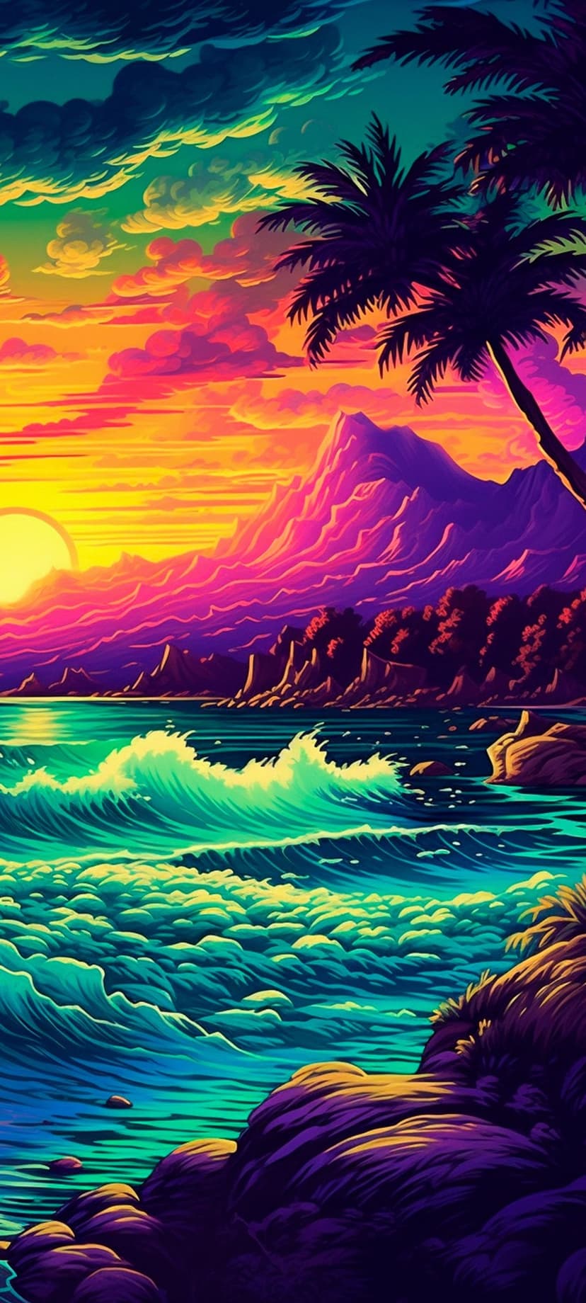 Leaning palm trees overlook a turquoise ocean with crashing waves under a vibrant orange and purple sunset sky.