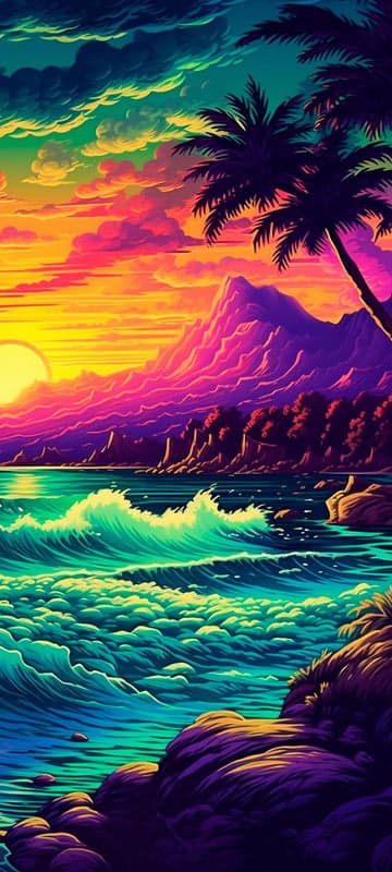 Vibrant Tropical Sunset Over Ocean Waves and Mountains