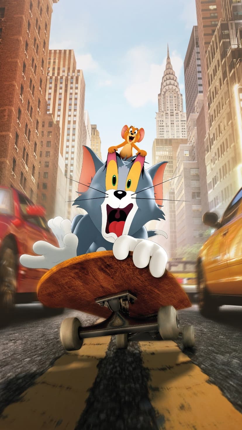 Tom the cat balances on a skateboard with Jerry the mouse on his head amidst a busy New York City street scene.