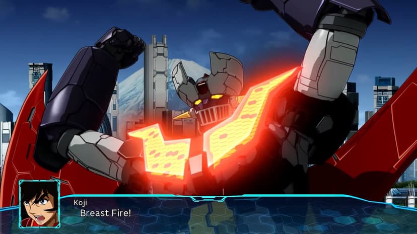 Mazinger Z robot with glowing red chest plates posing against a city skyline and snowy mountain background.