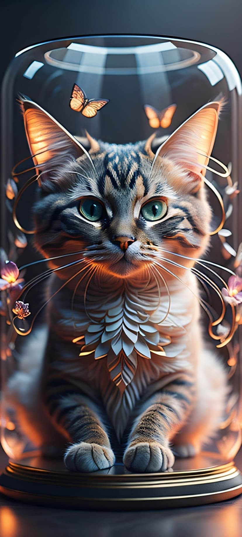 Tabby cat with green eyes sits inside a glass dome decorated with pink flowers, golden filigree, and butterflies.