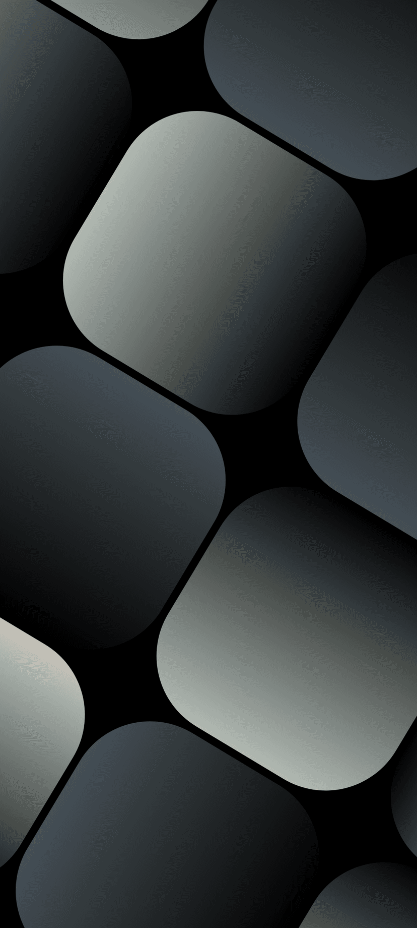 Overlapping rounded squares in dark gray and black create a geometric pattern with soft gradient shadows.