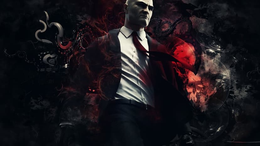 Agent 47 in a black suit and red tie stands against a dark background of red smoke and abstract mechanical gears.