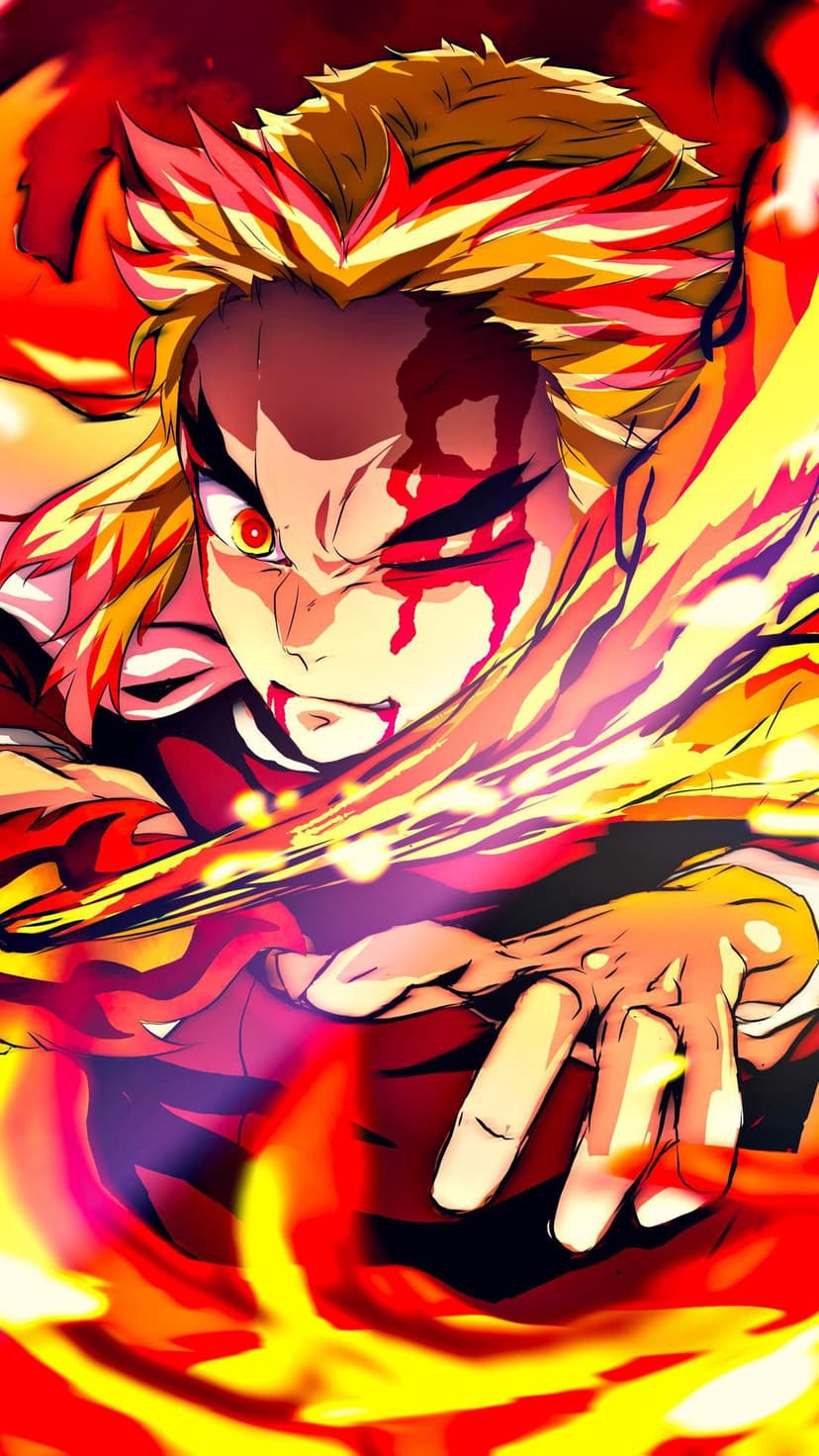 Kyojuro Rengoku stands engulfed in swirling orange flames with a determined expression and golden hair.