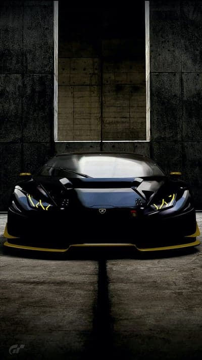 Stealth Black Lamborghini Mobile Wallpaper with Yellow Trim