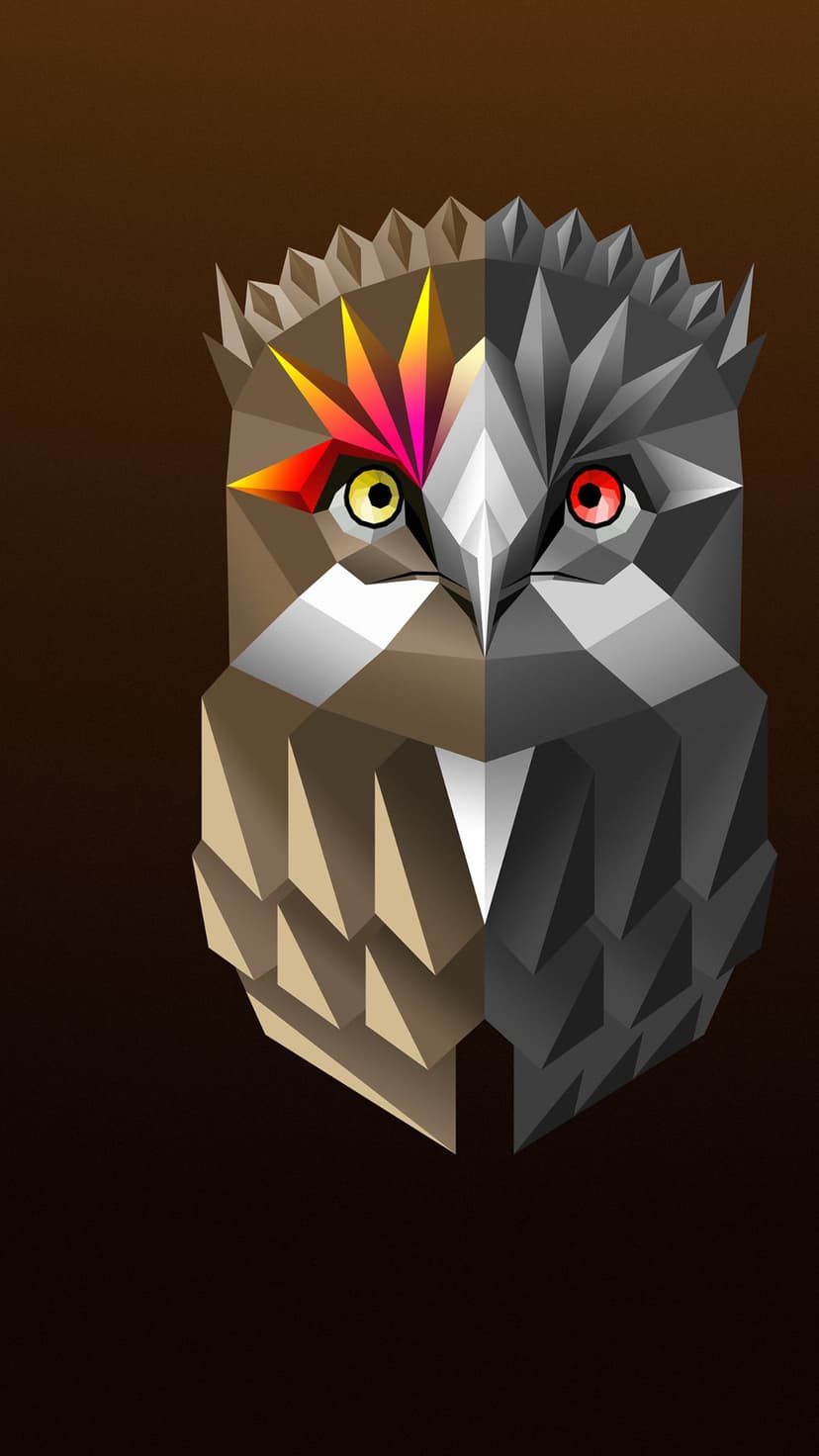 Geometric owl face with sharp facets and contrasting red and yellow eyes over a dark brown gradient backdrop.