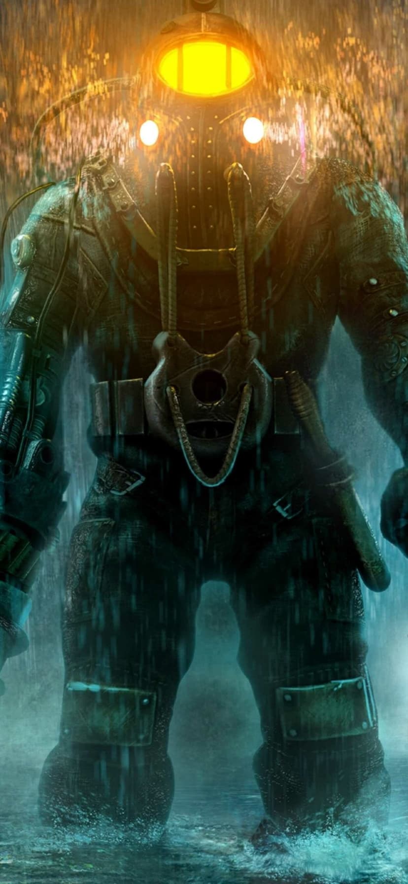 A heavily armored diver in a vintage submarine suit with three glowing yellow lights on its helmet in heavy rain.