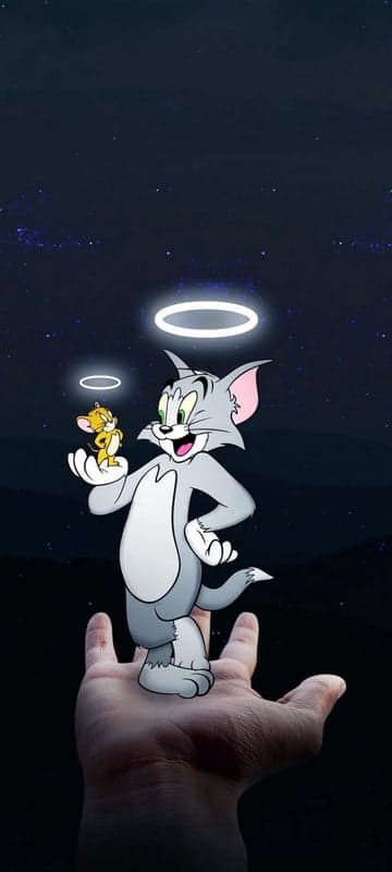 Tom and Jerry holding hands with halos against starry sky