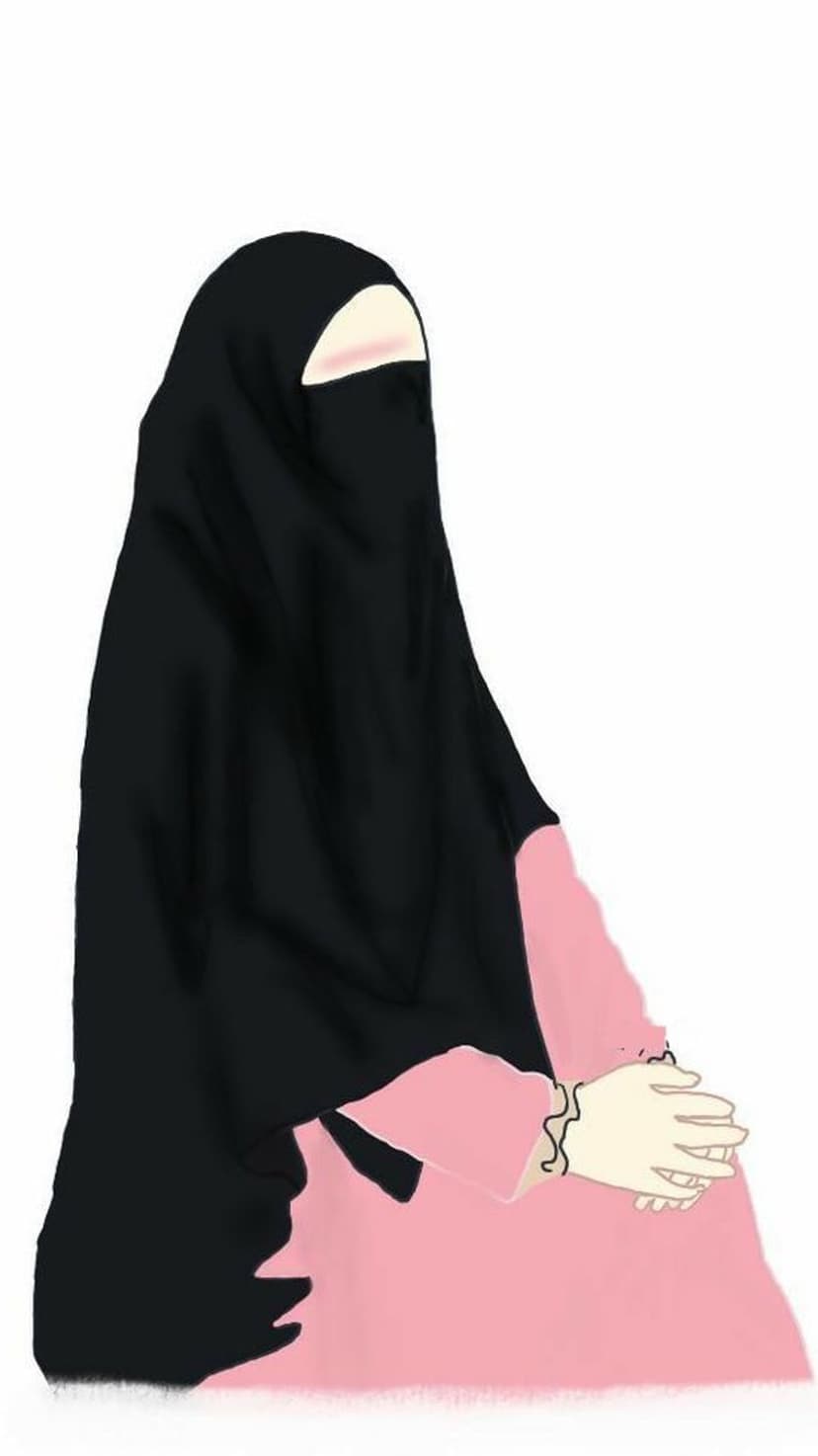 Woman in a black niqab and rose pink long-sleeved dress with hands clasped in a graceful, minimalist pose.
