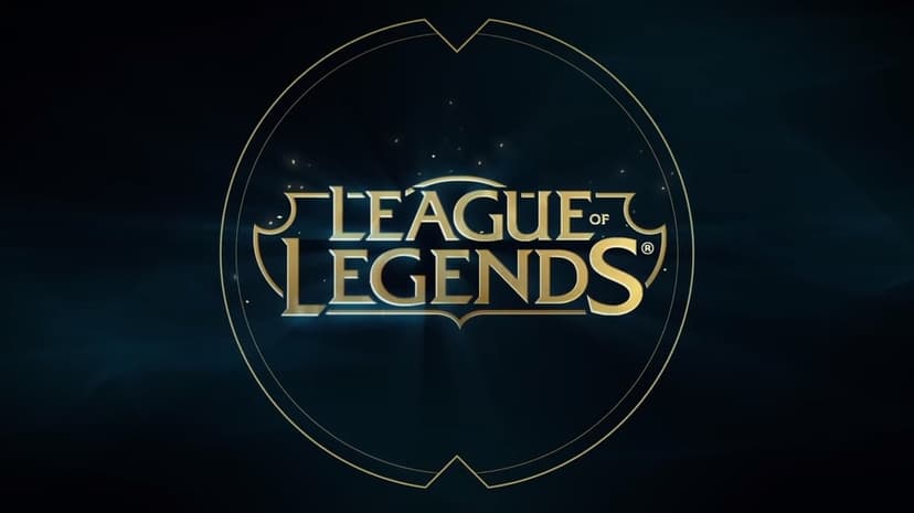 Polished gold League of Legends logo centered in a circular frame with glowing light rays on a dark blue background.