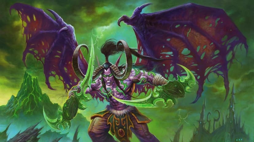 Illidan Stormrage with large purple wings and glowing green warglaives against a stormy fel-green sky.