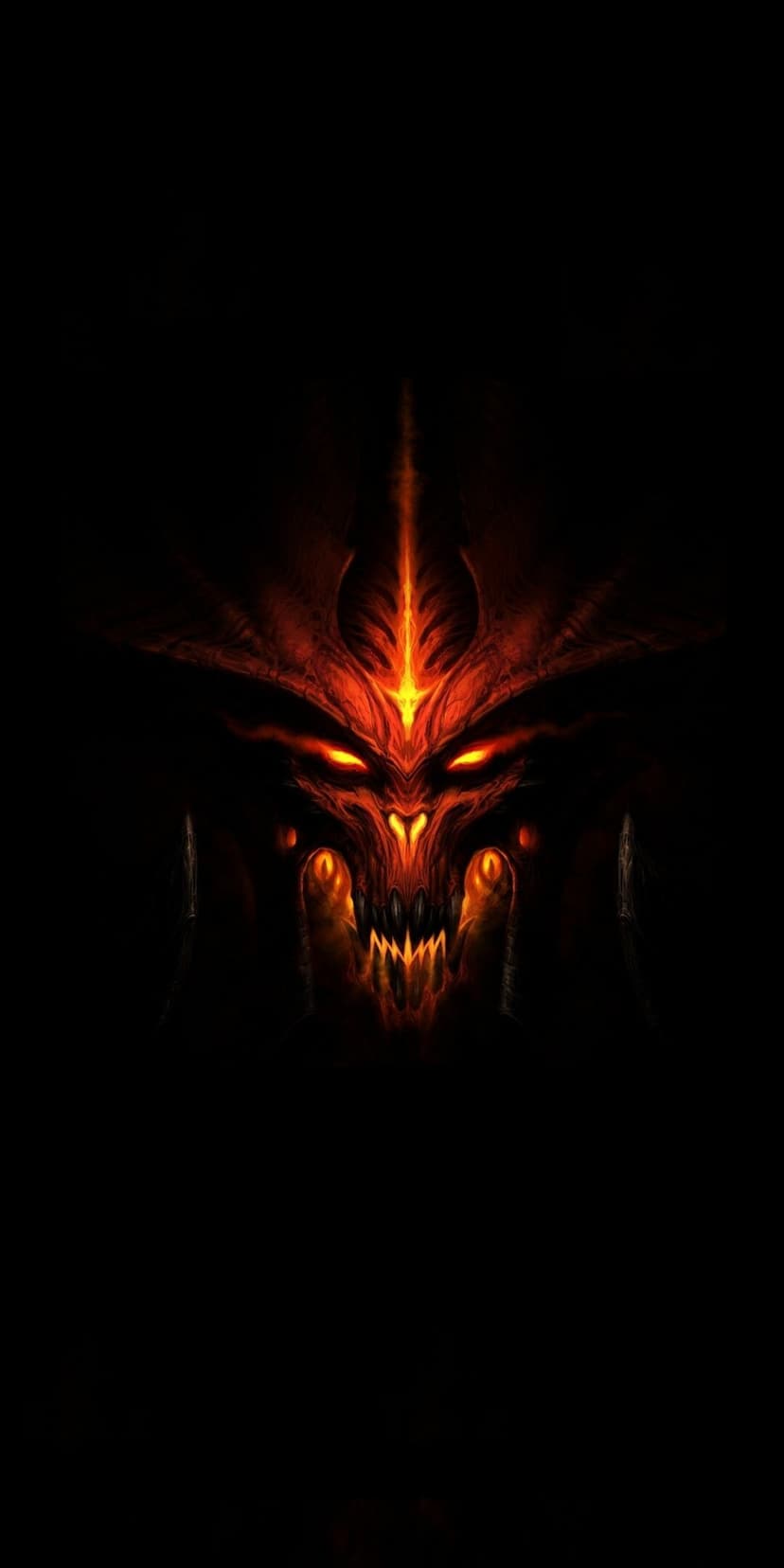 Glowing orange and red demon face with multiple fiery eyes and sharp teeth against a solid black background.
