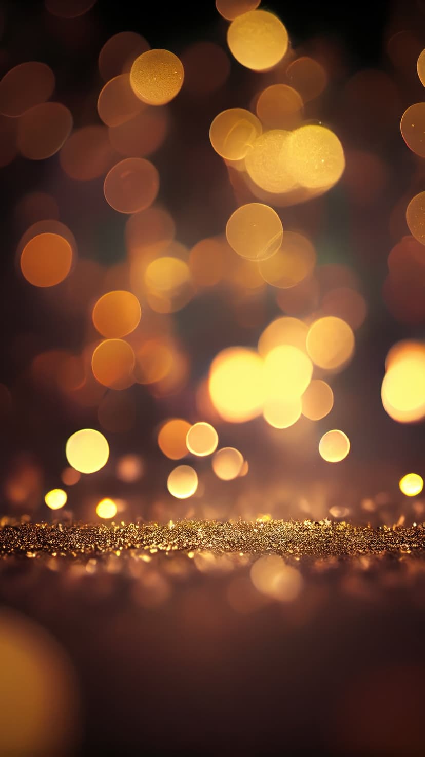 Out-of-focus golden light circles and shimmering glitter particles create a warm glowing abstract texture.