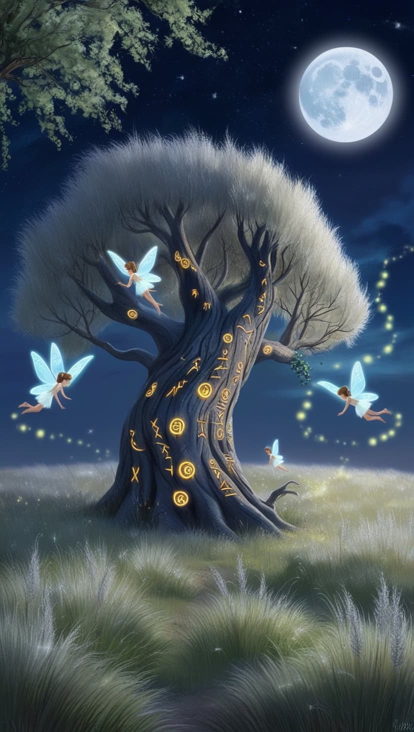 Ancient tree with glowing blue runes surrounded by fluttering fairies under a large radiant full moon at night.