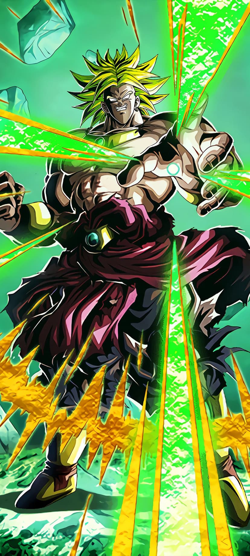Broly stands amidst swirling green energy and golden light with a muscular build and intense facial expression.