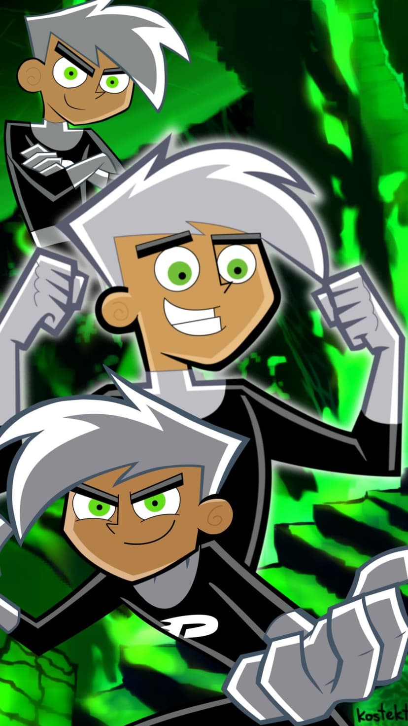 Danny Phantom with white hair and glowing green eyes floats amid swirling neon ectoplasmic energy pulses.
