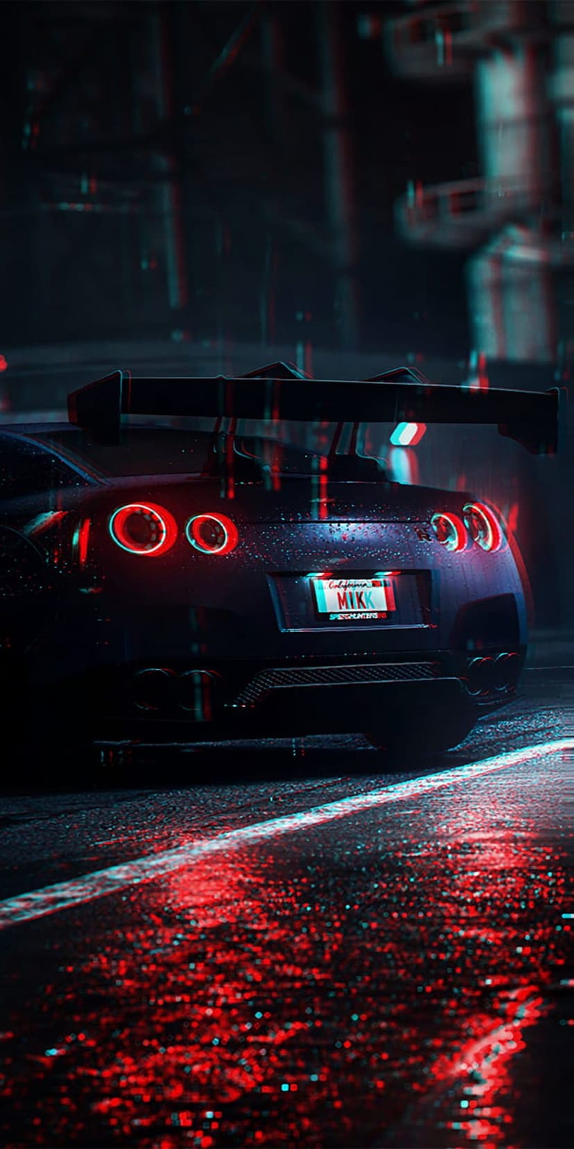 Rear view of a car with red taillights on a rainy night street featuring blue and red light reflections.