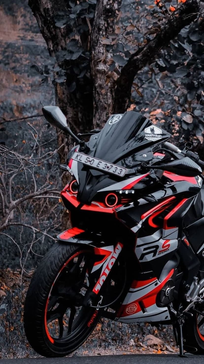 Red sport bike with halo headlamps and Motul decals parked beside a dark textured tree trunk in portrait.