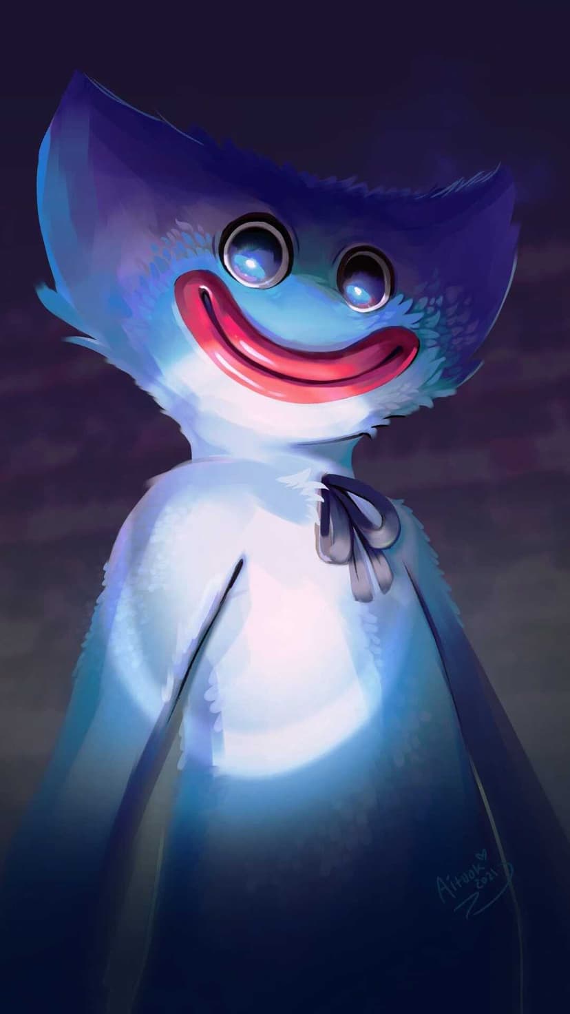 Huggy Wuggy blue furry monster with a wide red grin and googly eyes under a bright glowing blue light.