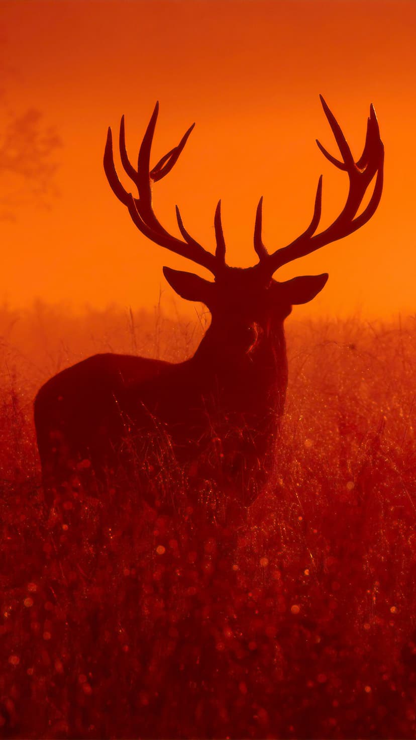 Stag silhouette with tall antlers stands in wild grass before a vibrant red and orange glowing sunset sky.