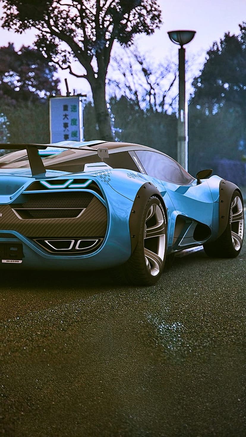 Blue sports car with a large rear wing parked on wet asphalt, reflecting ambient light from a nearby lamppost.