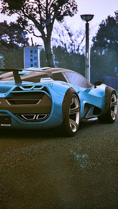 Futuristic Blue Supercar on Reflective Wet Asphalt