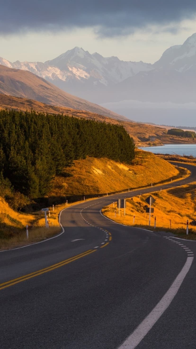Winding asphalt road through golden grass toward a blue lake and snow-covered mountains in New Zealand.