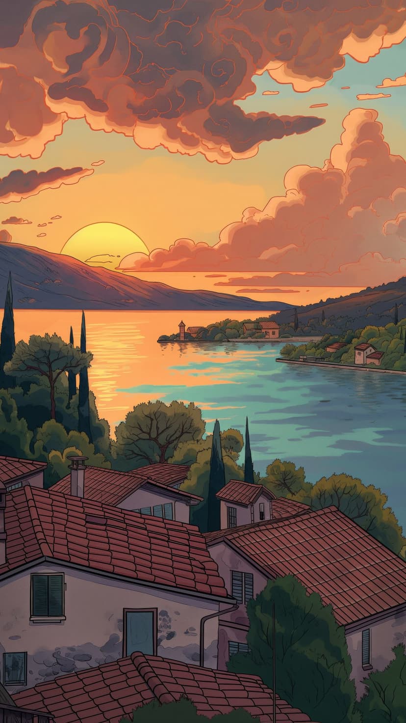 Italian hillside villas overlook a tranquil lake reflecting a warm orange and pink sunset sky in the evening.