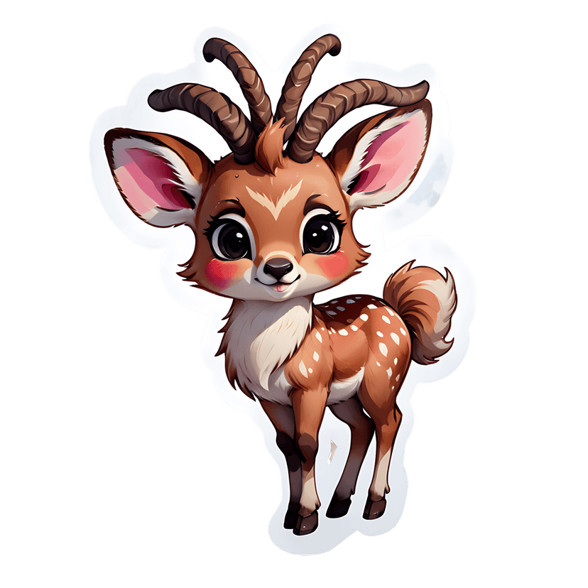 Gazelle sticker illustration showing a front view fawn with multiple horns, brown spotted fur, and a white tail.