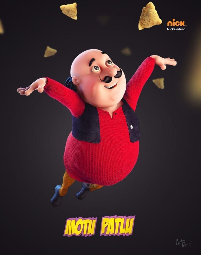 Motu with arms wide and a happy expression floats among triangular yellow snacks against a solid black background.