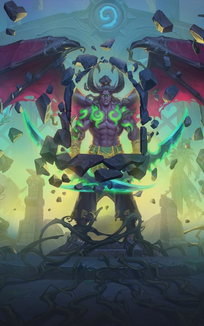 A muscular purple demon hunter with glowing green tattoos breaks through a stone frame with demonic wings.