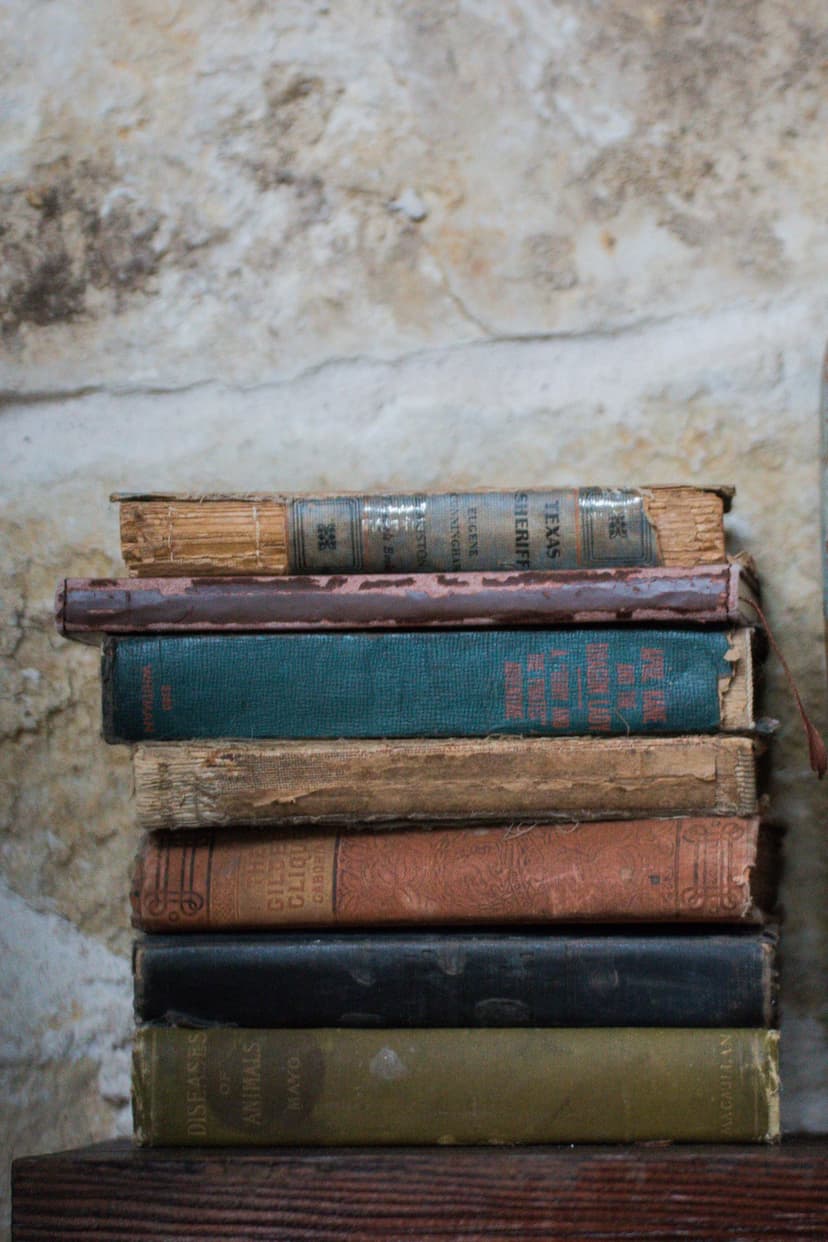 Seven vintage books with worn spines stacked vertically against a rough, grey textured stone masonry wall.