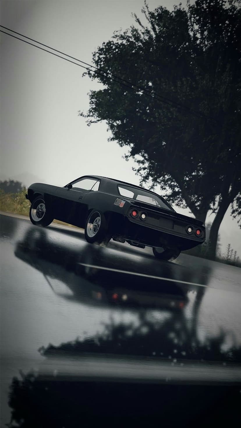 Black vintage muscle car driving on a wet asphalt road past a large green tree under a cloudy, overcast sky.