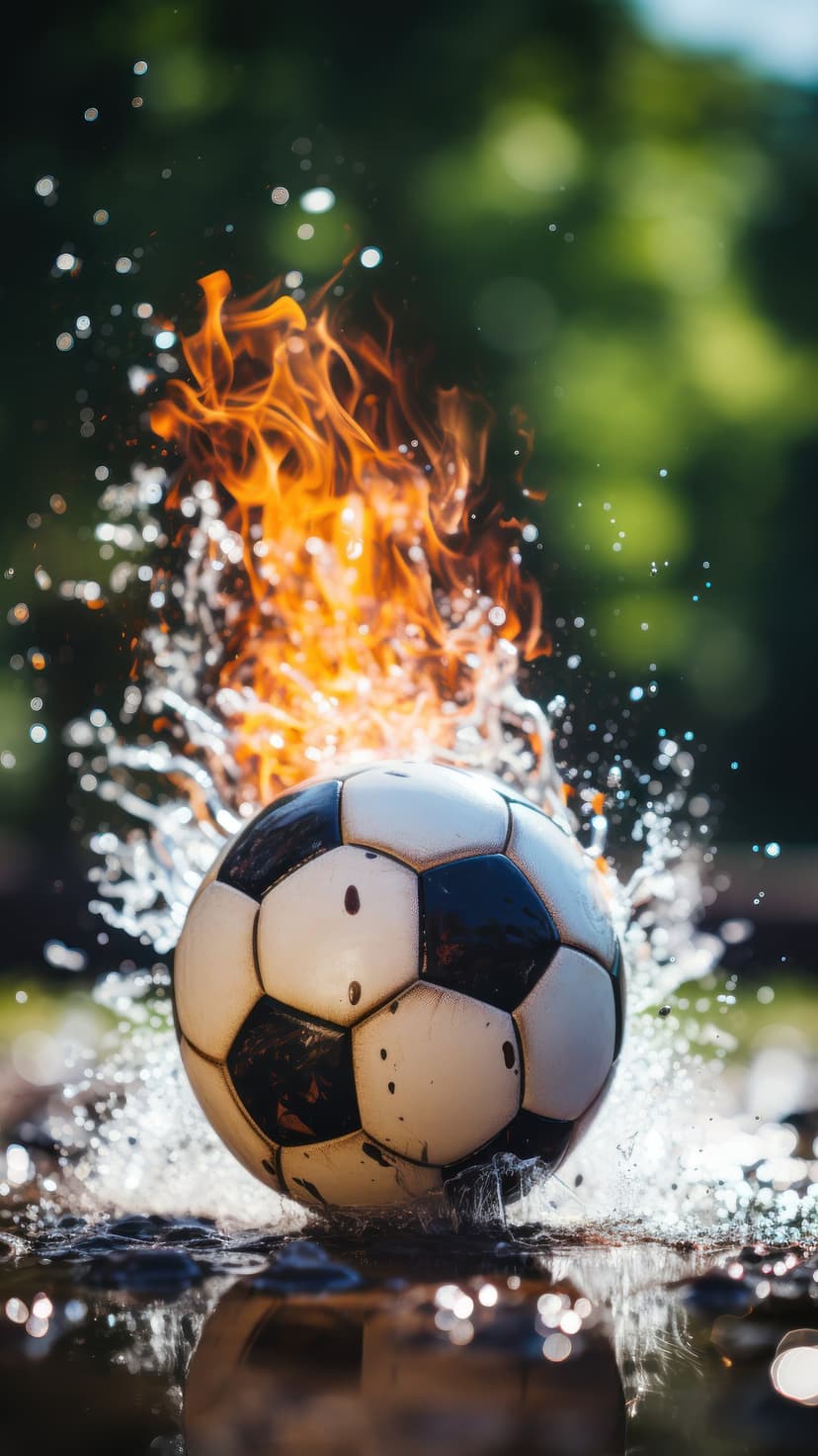 Soccer ball engulfed in bright orange flames splashes into blue water against a blurred green grass background.