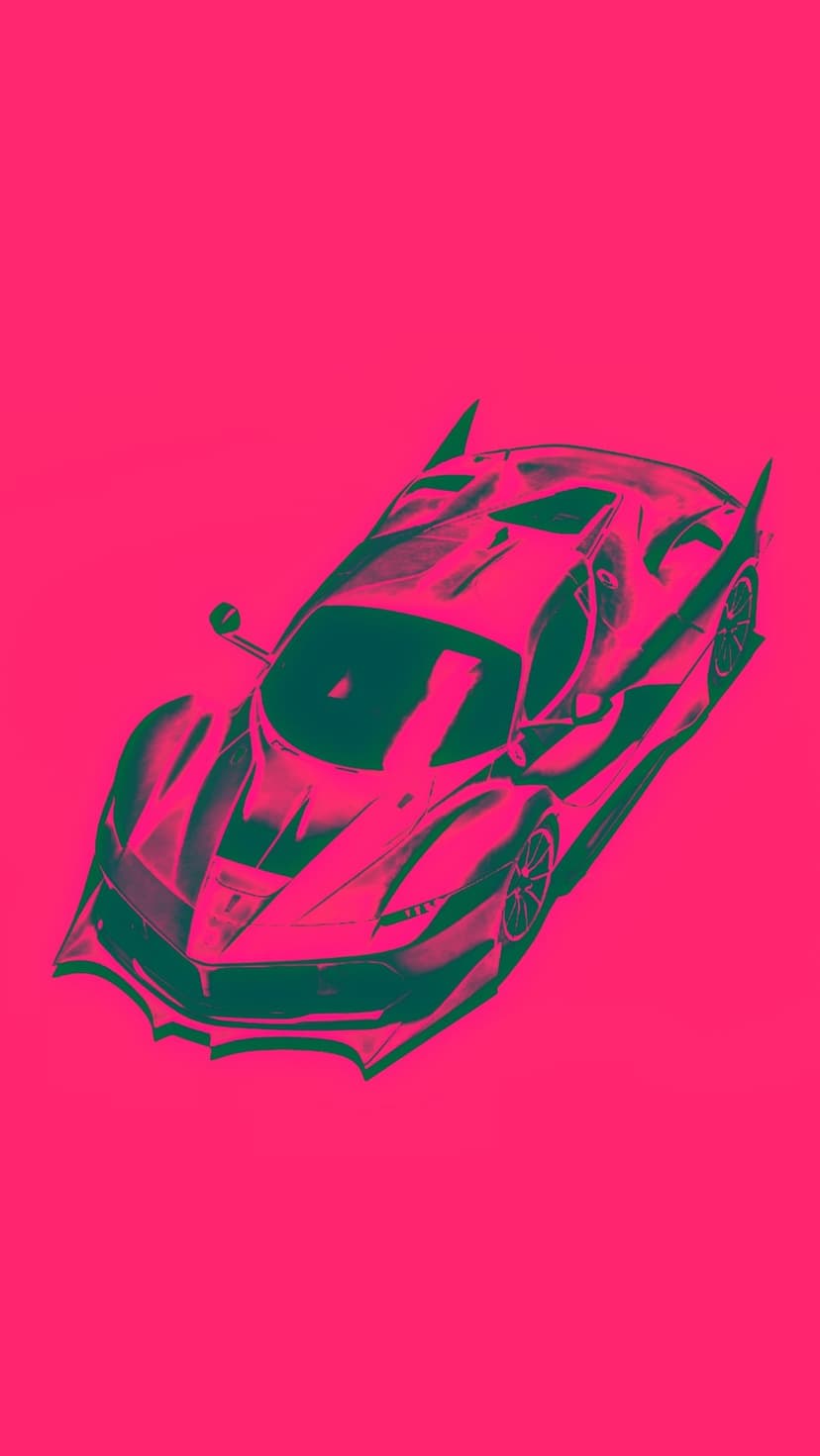 Teal Ferrari sports car featuring aerodynamic lines and a low profile against a solid vibrant pink backdrop.