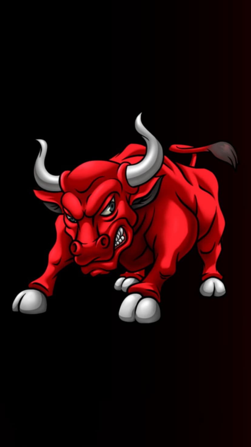 Muscular red bull with sharp horns charging forward against a dark gradient background with intense lighting.