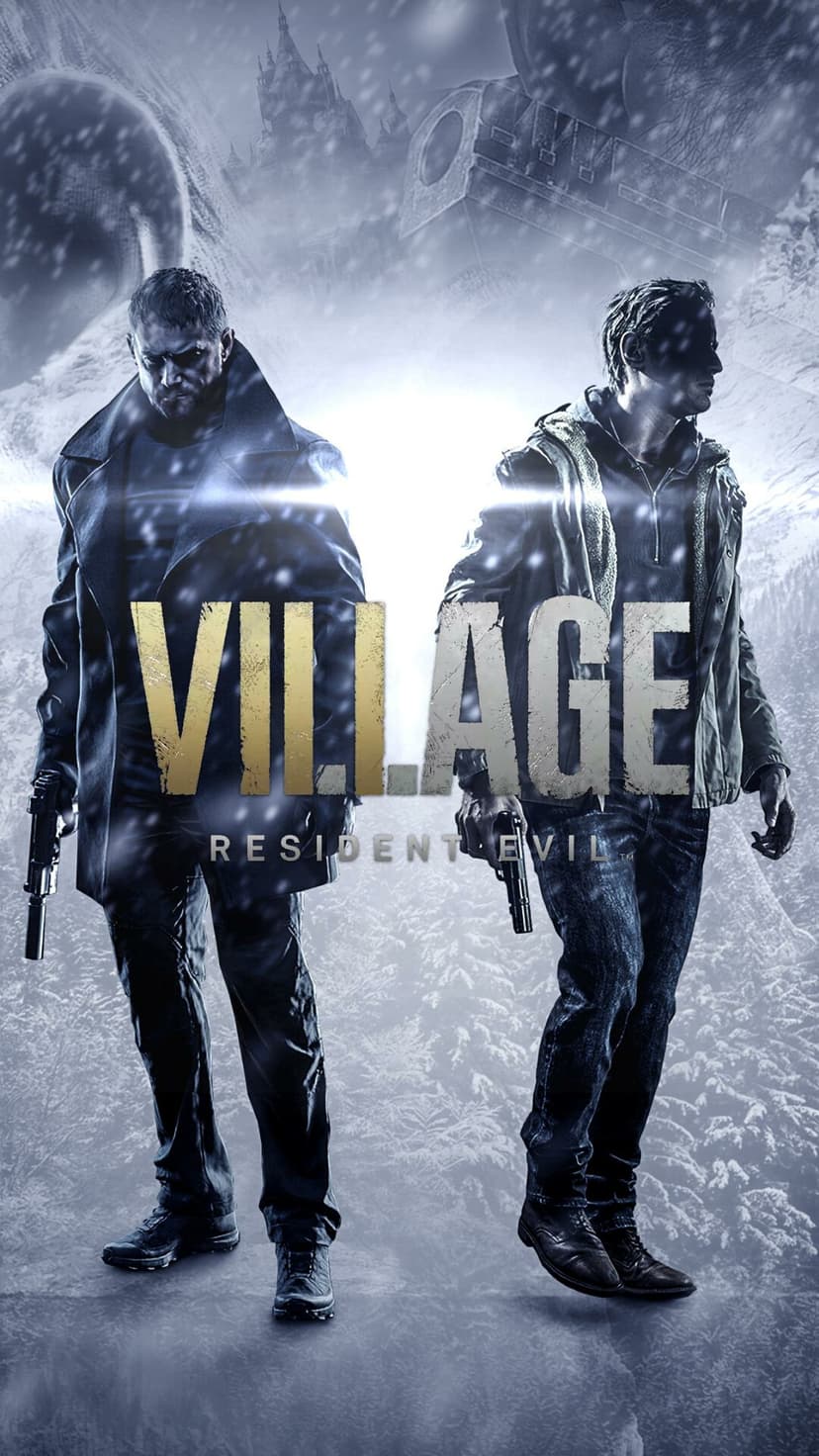 Chris Redfield and Ethan Winters stand back-to-back in falling snow near Castle Dimitrescu and a giant monster.