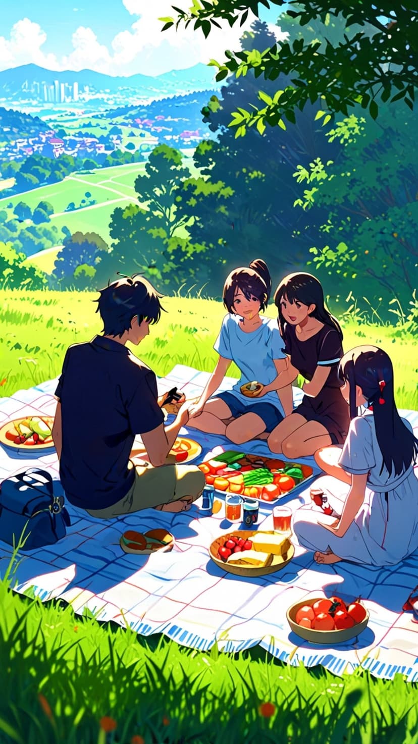 Four friends sit on a checkered blanket in a grassy field with mountains and a blue sky in the background.