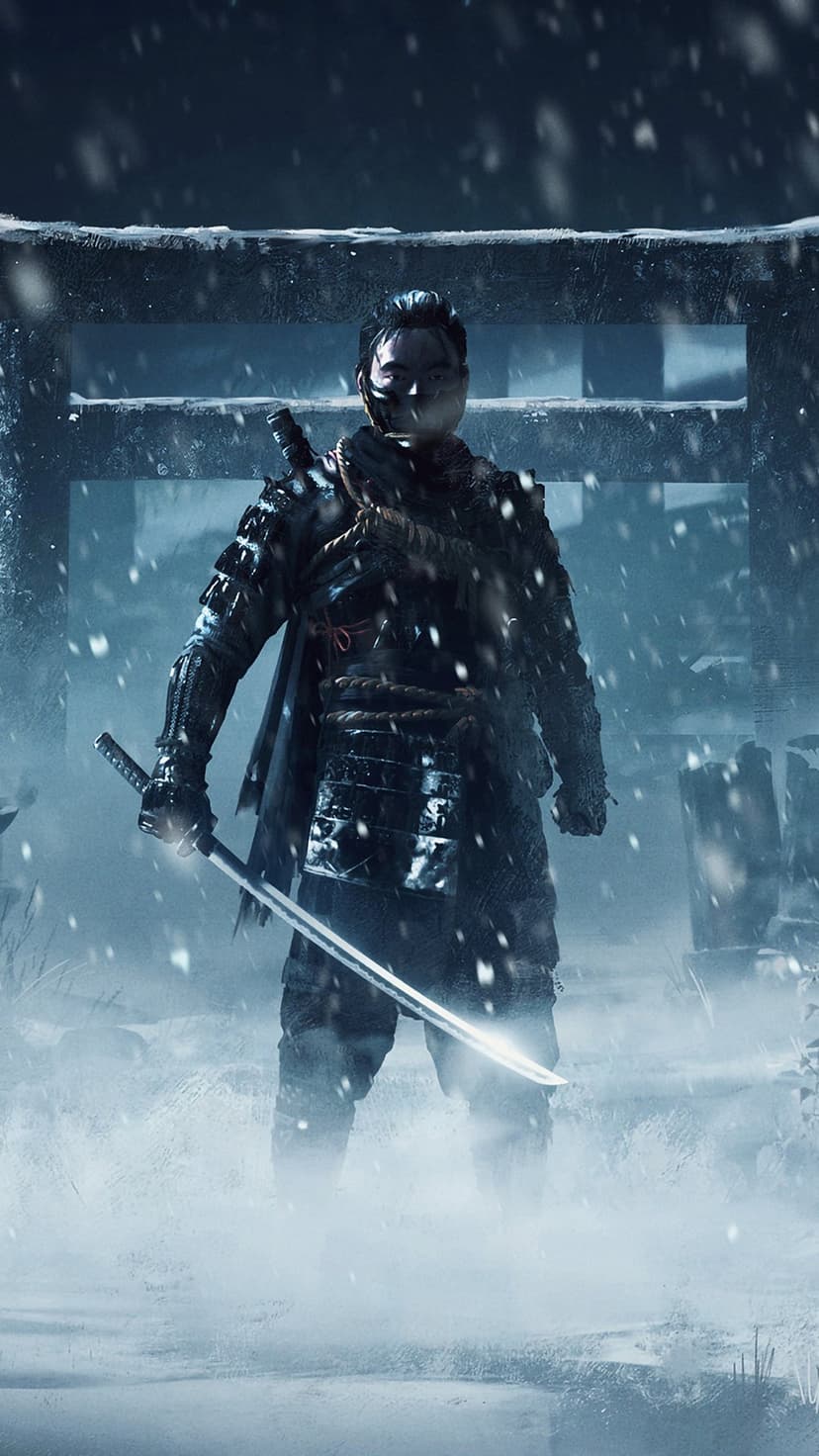 Samurai in traditional armor holds a katana in a snowy landscape near a red torii gate during a winter blizzard.