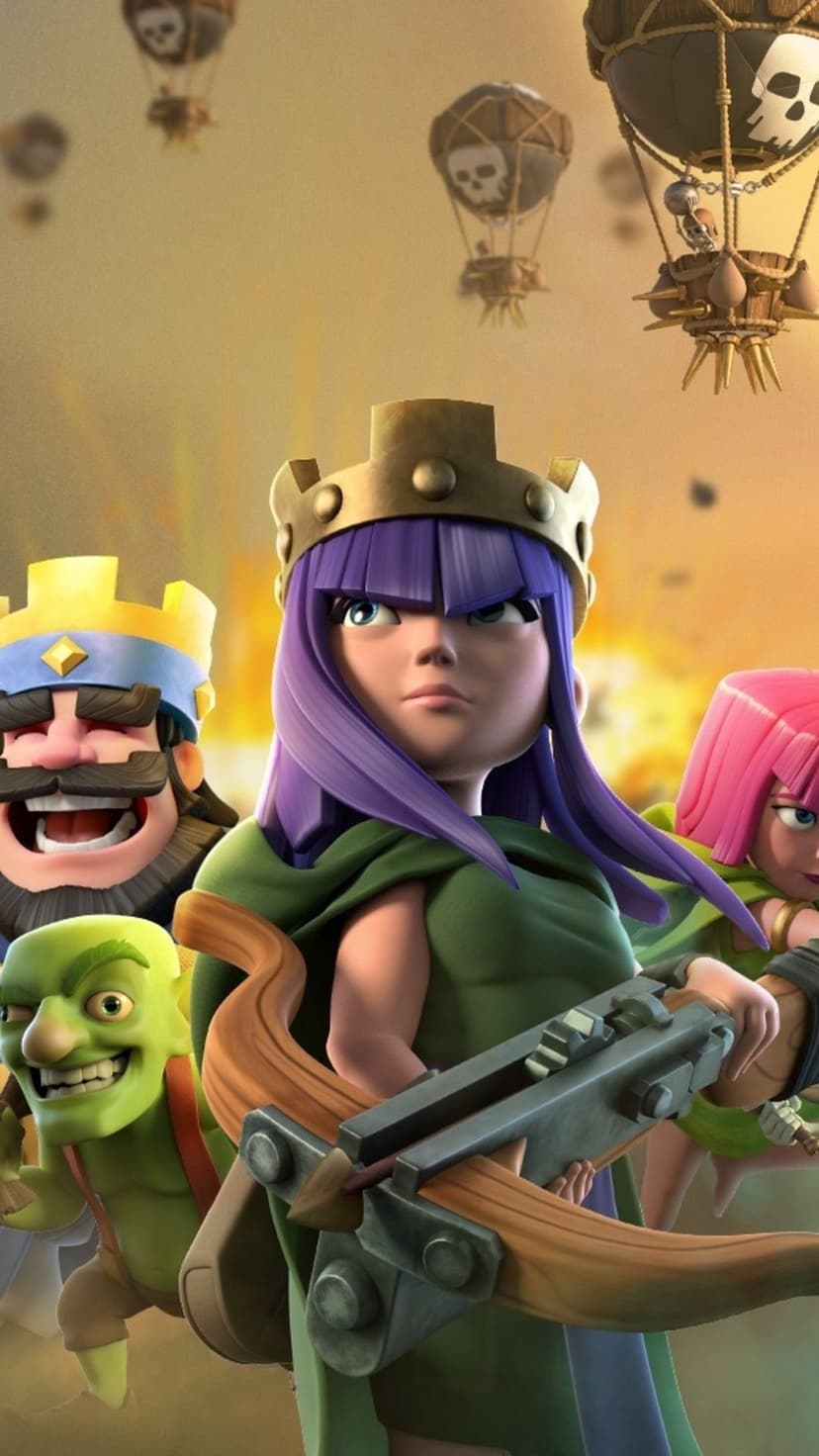 Archer Queen with a crossbow stands before the King and a Goblin under a sky of balloons in a warm light.
