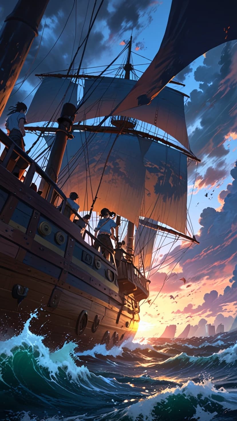 Pirate ship with tall masts navigates turbulent ocean waves during a vibrant golden sunset with dark storm clouds.