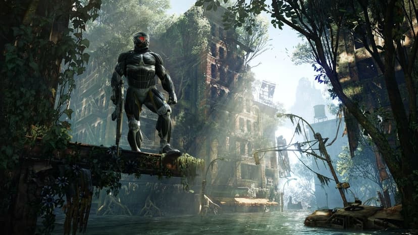 Soldier in a black Nanosuit overlooks a flooded, vine-covered city with sunlight filtering through trees.